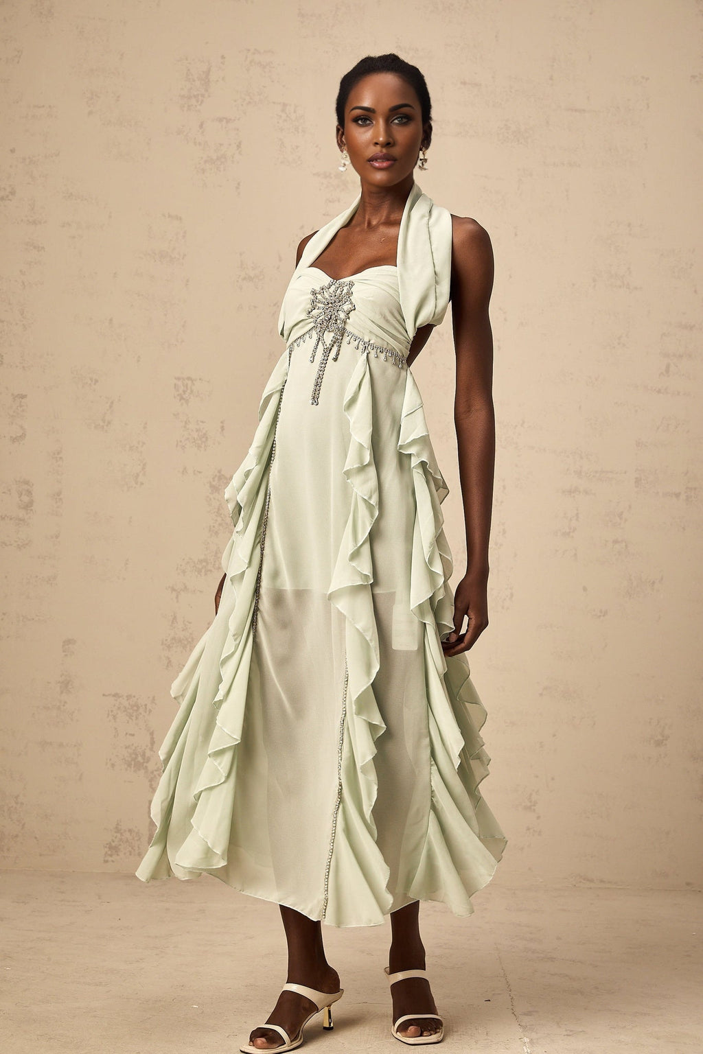 Giuditta Midi Dress - Sleeveless - Halterneck - Pleated - Ruffled Crystal Embellished