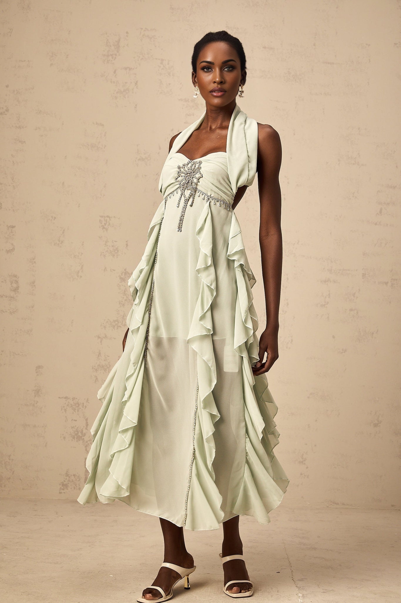 Giuditta Midi Dress - Sleeveless - Halterneck - Pleated - Ruffled Crystal Embellished