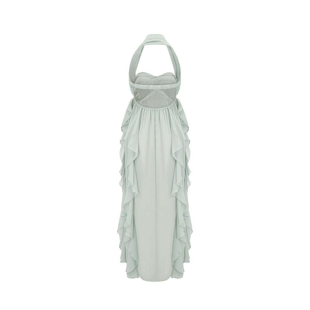 Giuditta Midi Dress - Sleeveless - Halterneck - Pleated - Ruffled Crystal Embellished