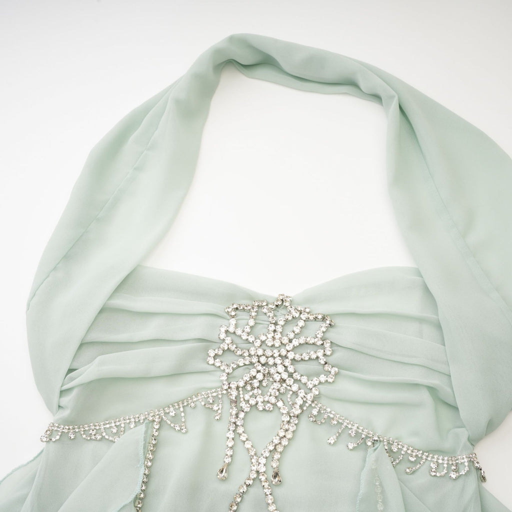 Giuditta Midi Dress - Sleeveless - Halterneck - Pleated - Ruffled Crystal Embellished