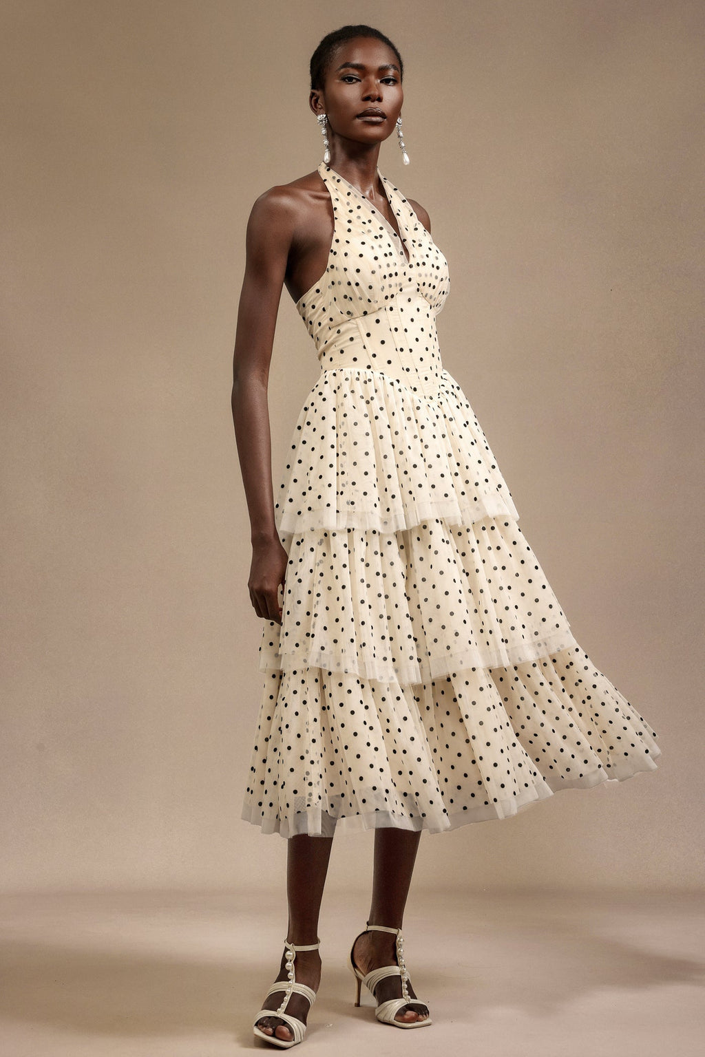 Giulia Beige Layered Dot Print Halter Midi Dress