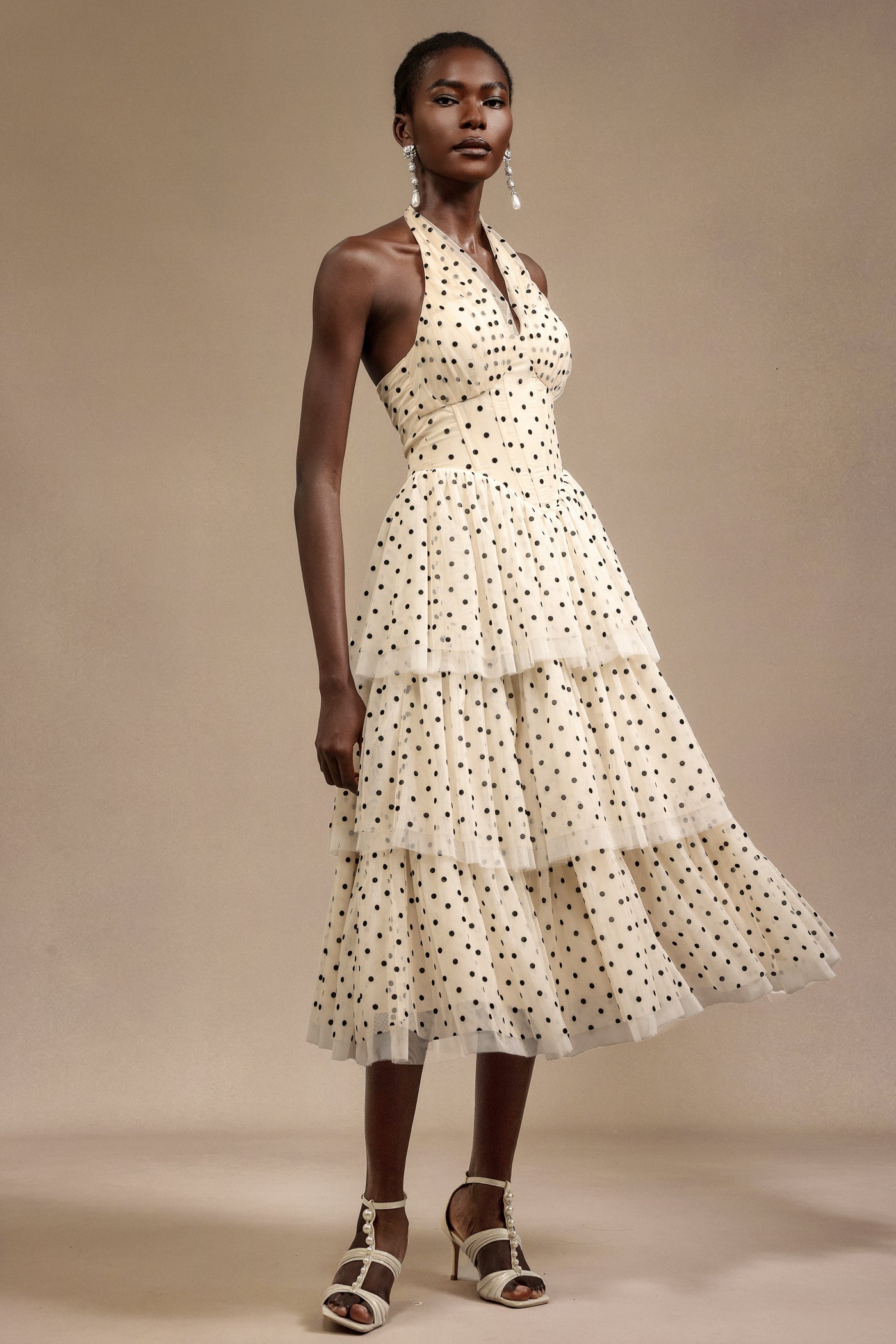 Giulia Beige Layered Dot Print Halter Midi Dress