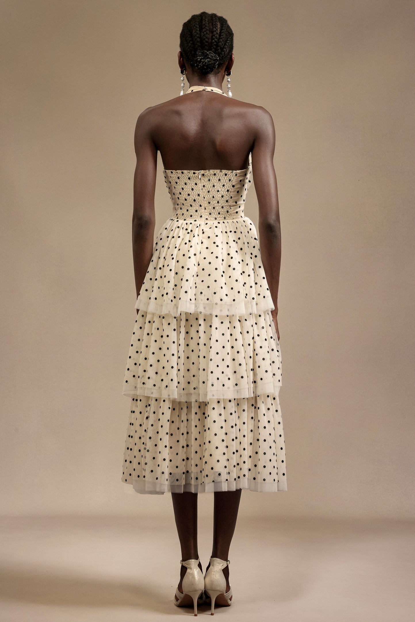 Giulia Beige Layered Dot Print Midi Dress
