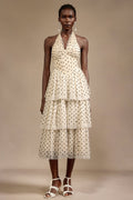 Giulia Beige Layered Halter Midi Dress with Dot Print