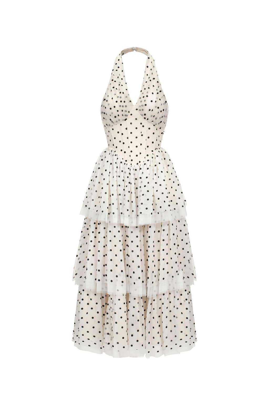 Giulia Beige Layered Halter Midi Dress with Dot Print