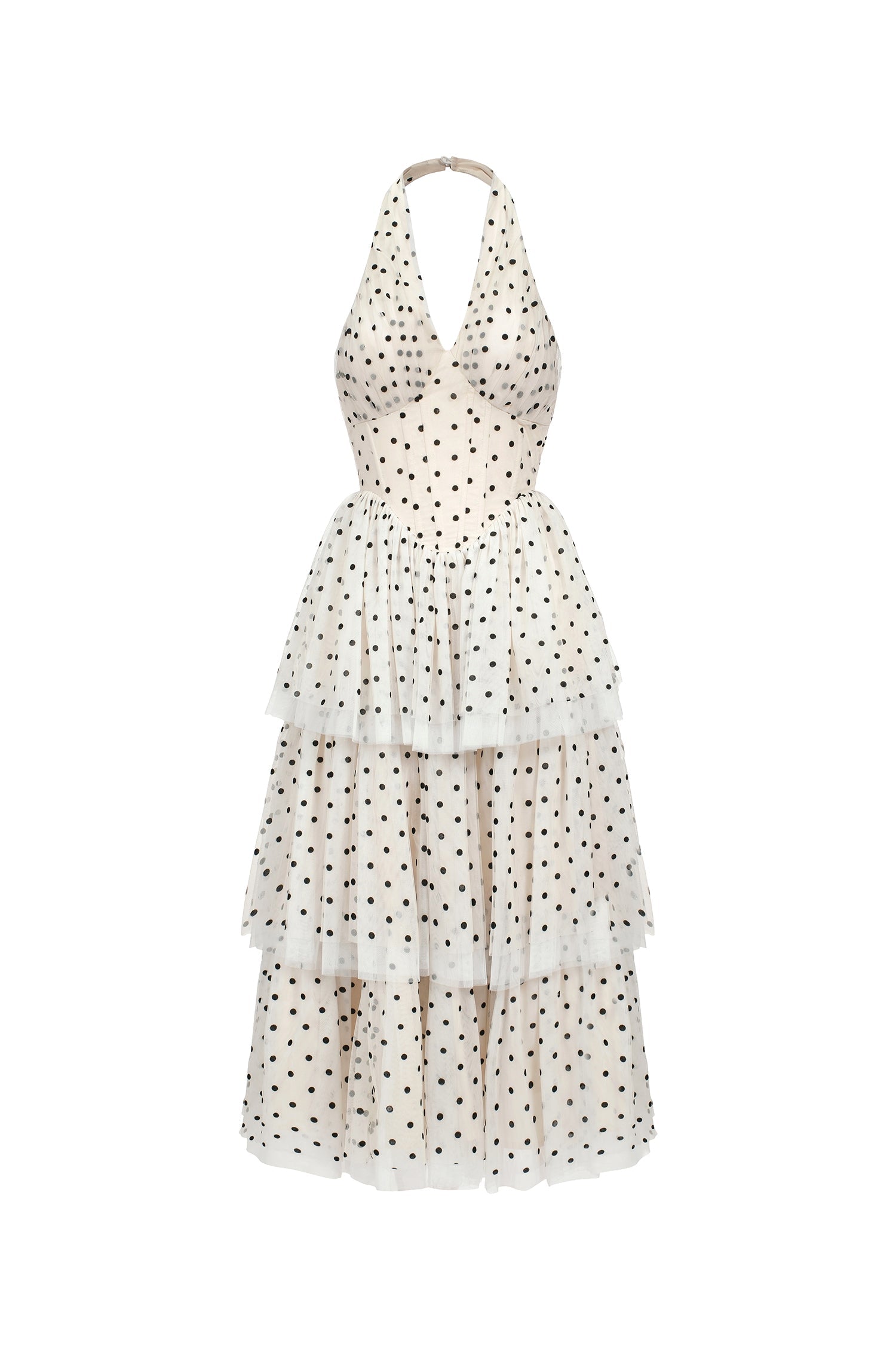 Giulia Beige Layered Halter Midi Dress with Dot Print