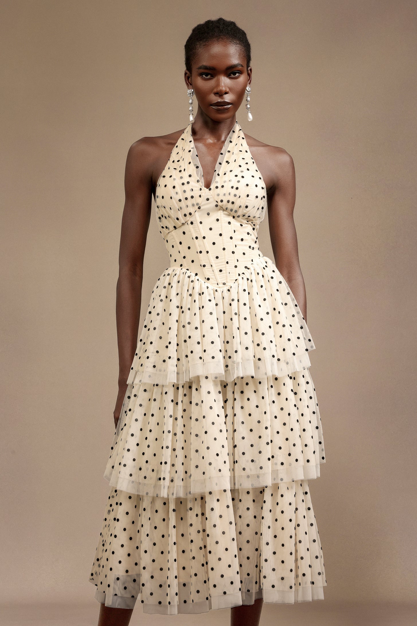 Giulia Beige Layered Halter Midi Dress with Dot Print