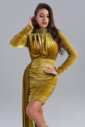 Giulia Gold Velvet Dress with Intricate Detailing and Dramatic Neckline