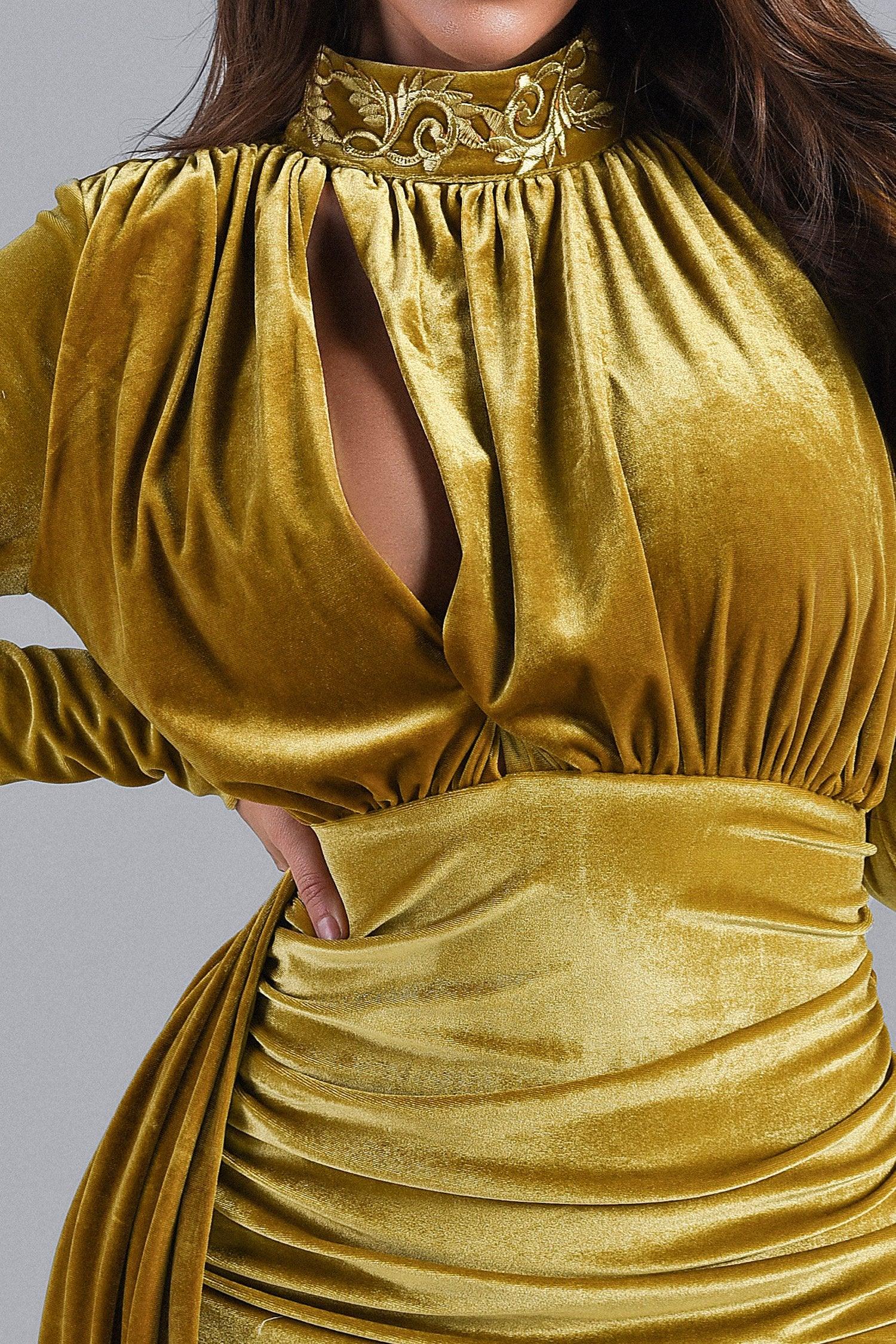 Giulia Gold Velvet Dress with Intricate Detailing and Dramatic Neckline