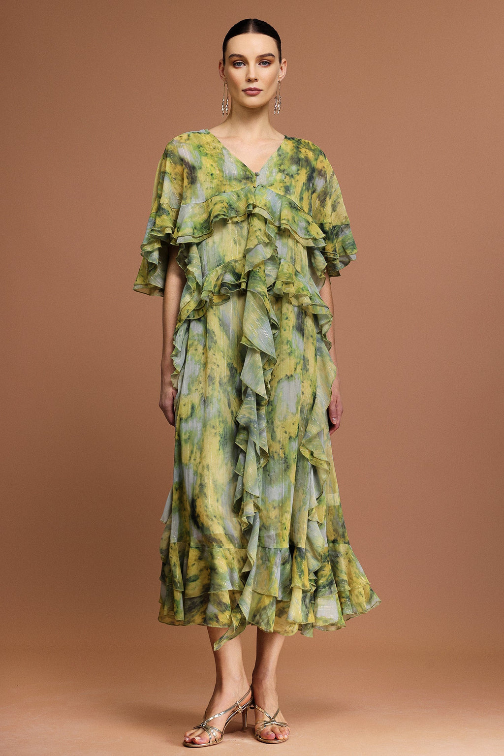 Giulia Green Maxi Dress Ruffled V-Neckline Short Sleeves Bohemian Print