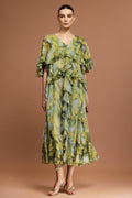 Giulia Green Maxi Dress Ruffled V-Neckline Short Sleeves Bohemian Print