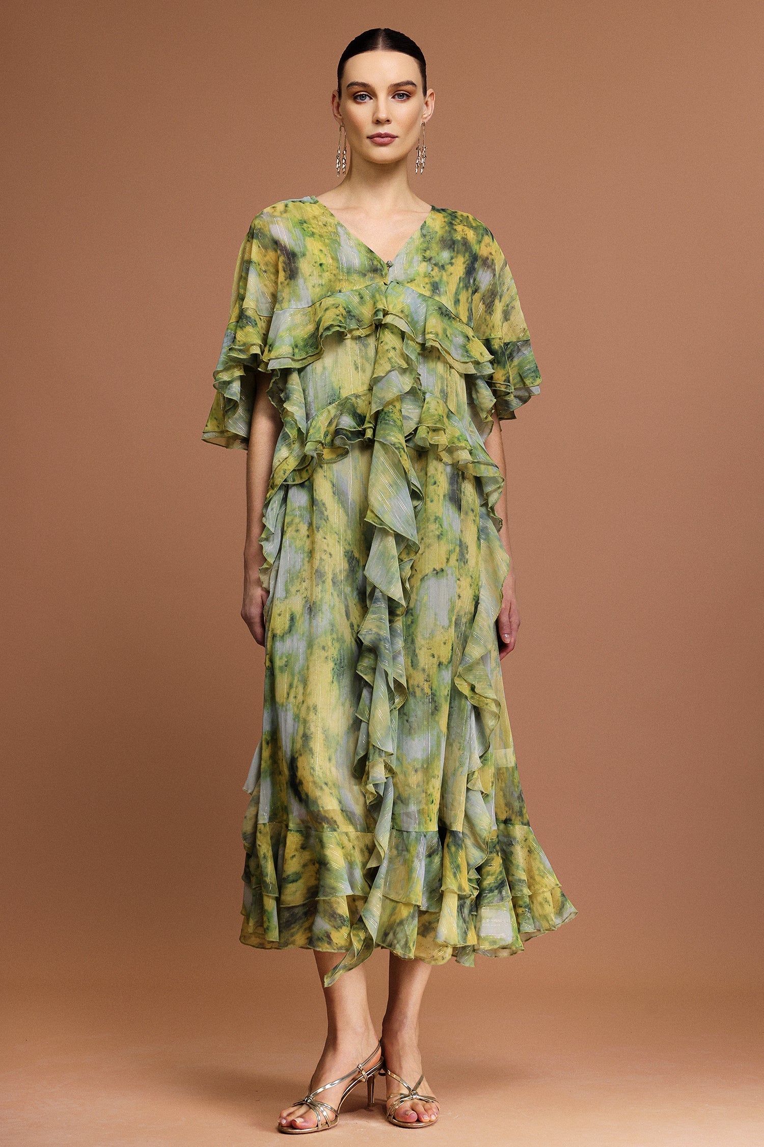 Giulia Green Maxi Dress Ruffled V-Neckline Short Sleeves Bohemian Print