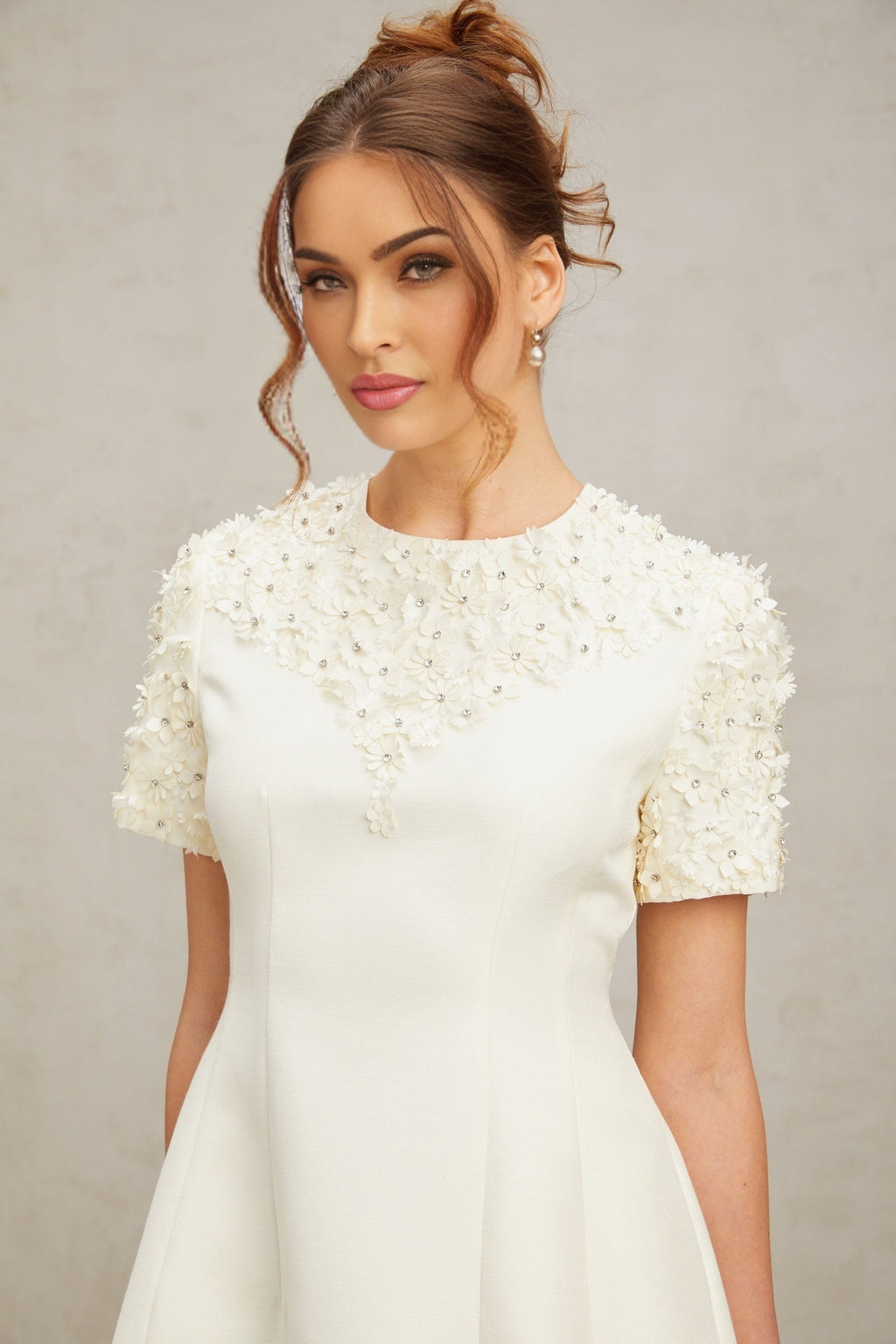 Giulia Mini Dress – Short Sleeves – Cinched Waist – Floral Appliqué