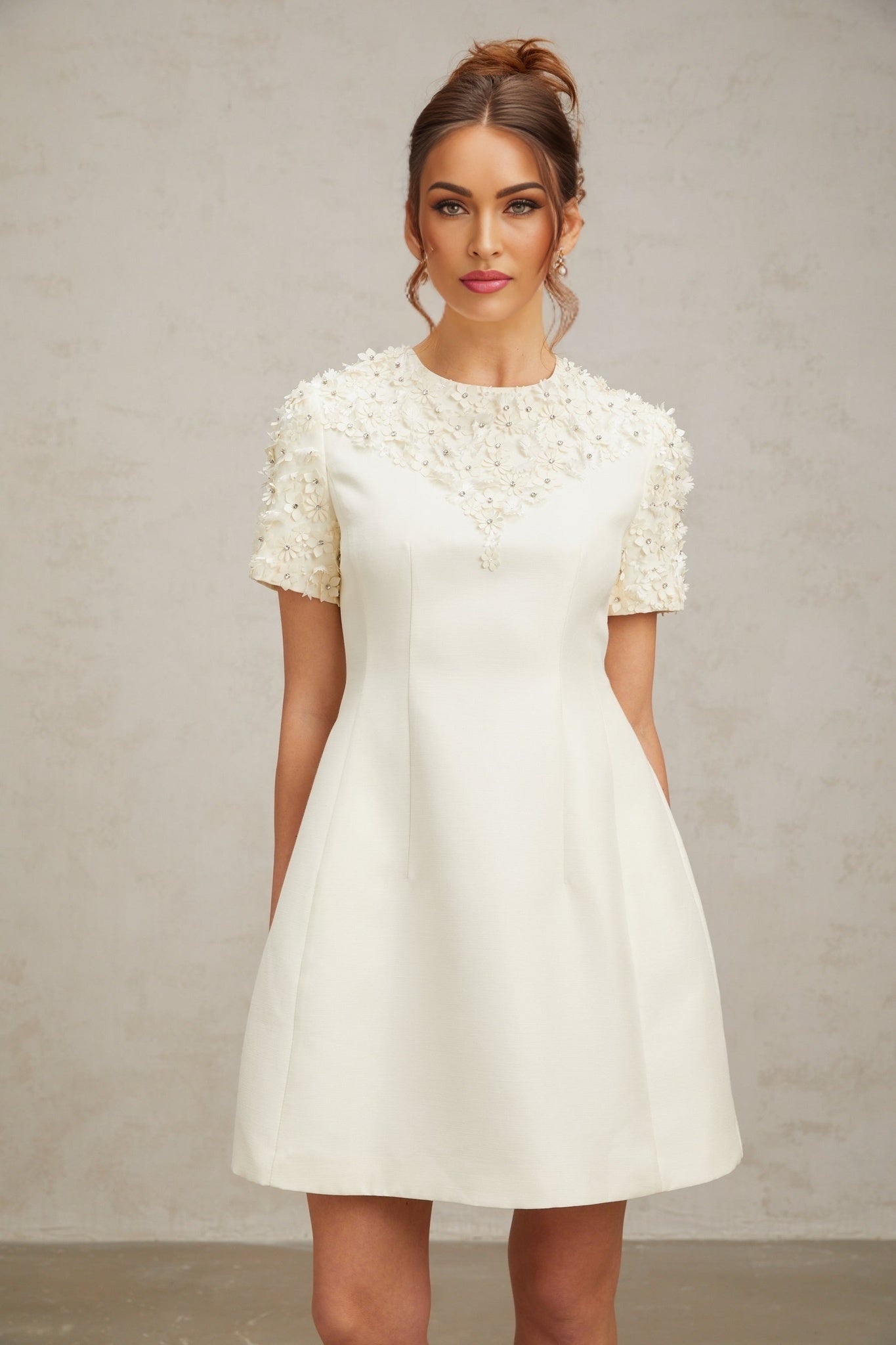 Giulia Mini Dress – Short Sleeves – Cinched Waist – Floral Appliqué