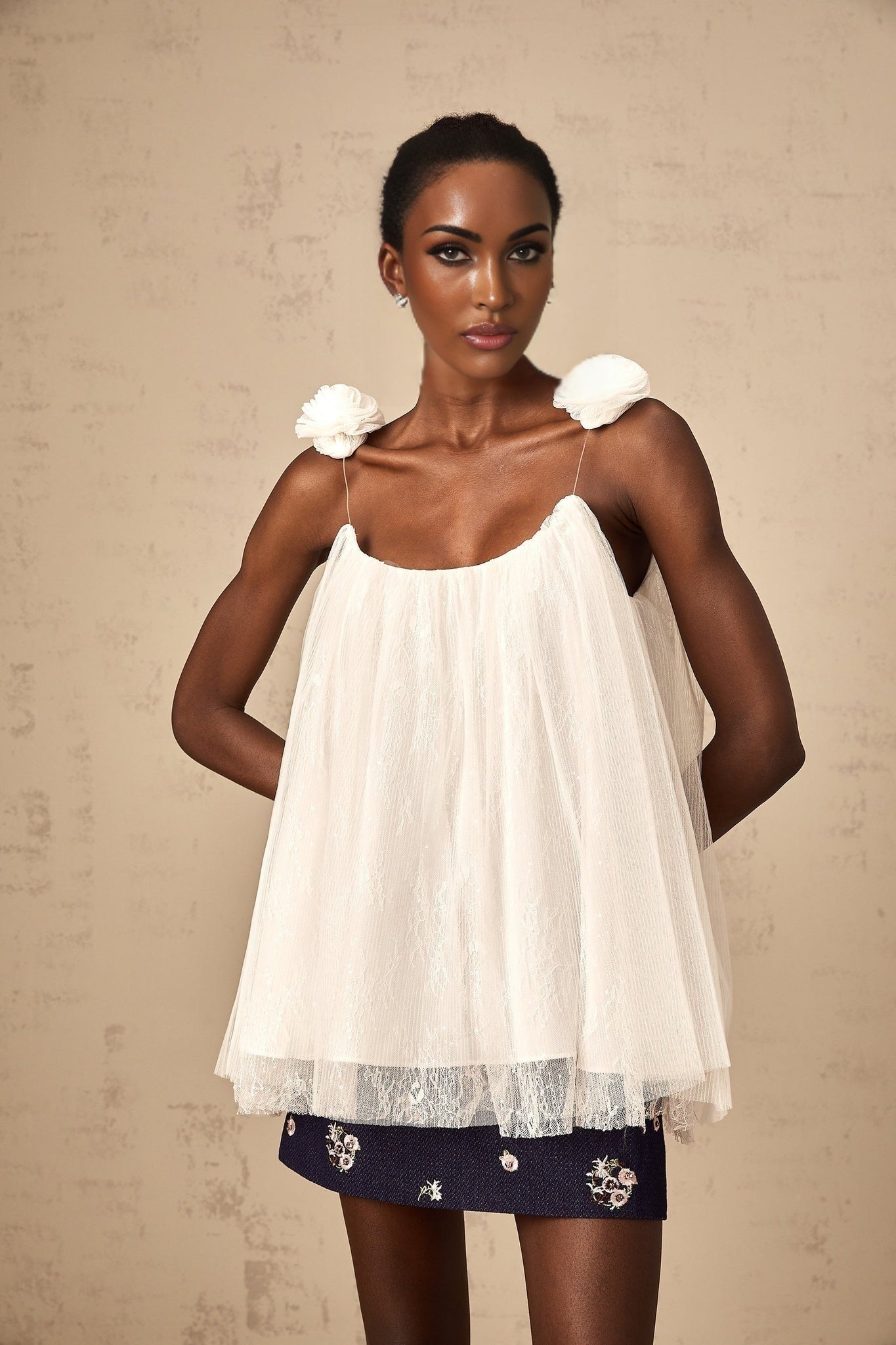 Giulia Top - Mesh Fabric - Flower Appliqué - Sequin Embellishment