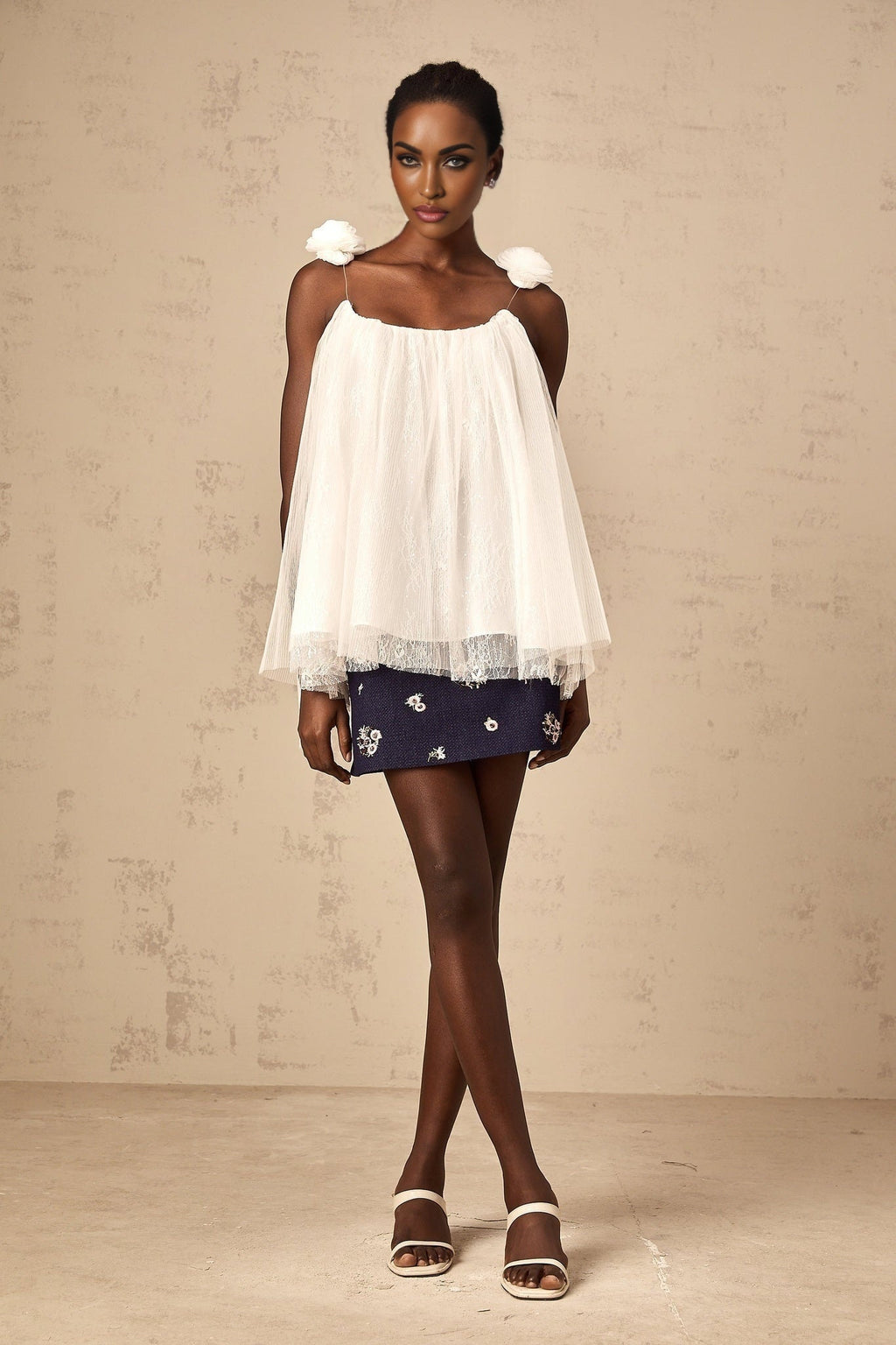Giulia Top - Mesh Fabric - Flower Appliqué - Sequin Embellishment