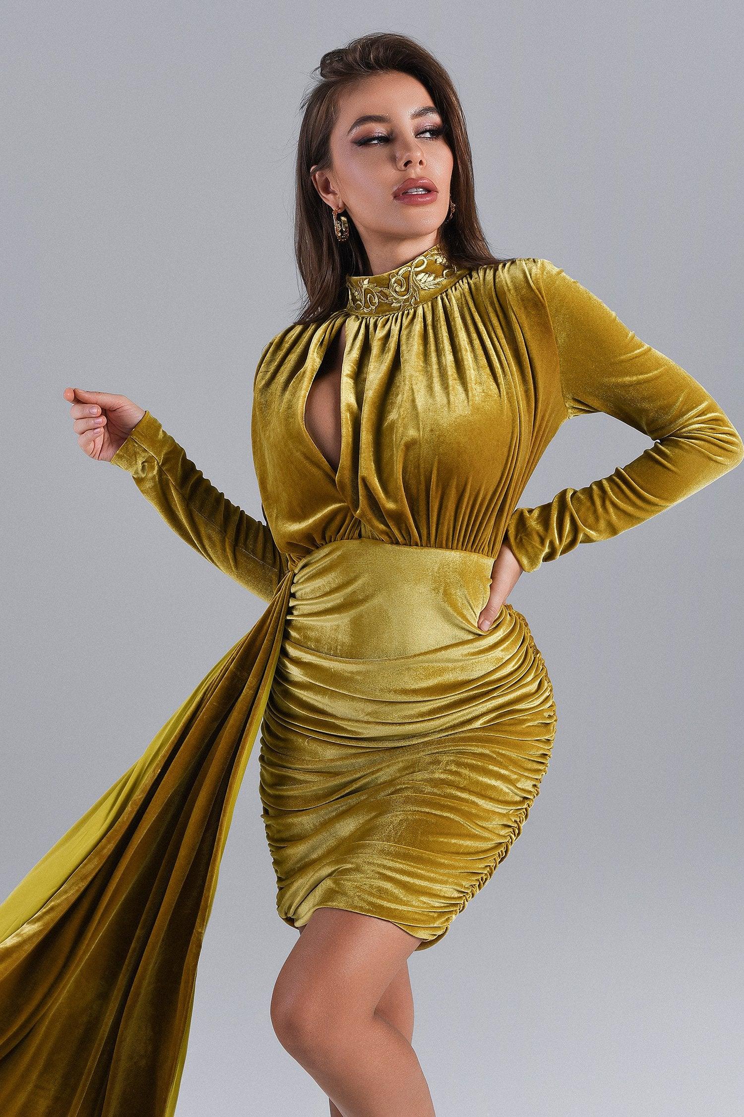 Giulia Velvet Masterpiece Gold Dress with Intricate Detailing and Dramatic Neckline for Evening Gatherings and Special Occasions