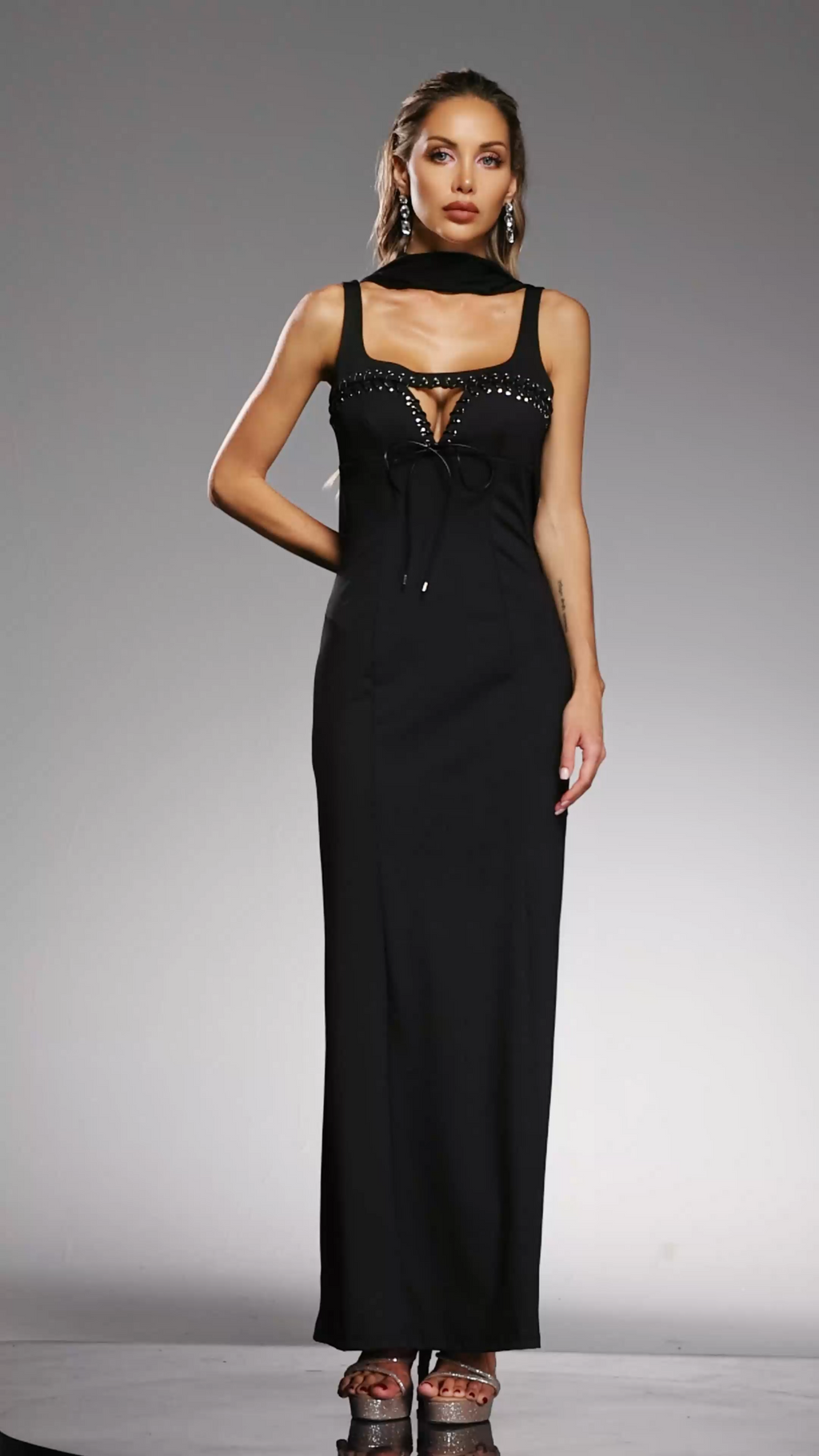Giuliana Black Embellished Plunge Neckline Maxi Dress