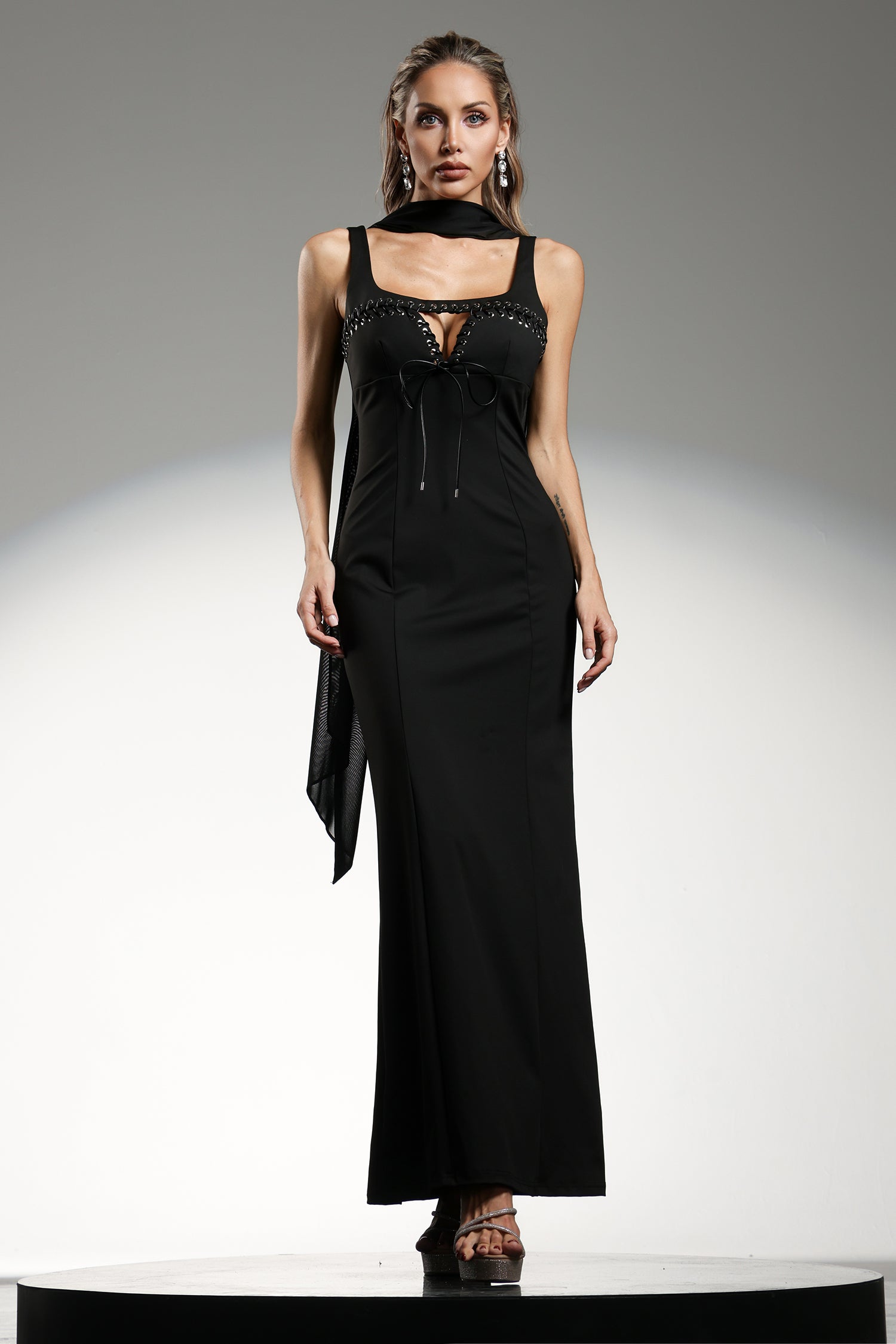 Giuliana Black Evening Event Dress with Plunging Neckline and Embellishments
