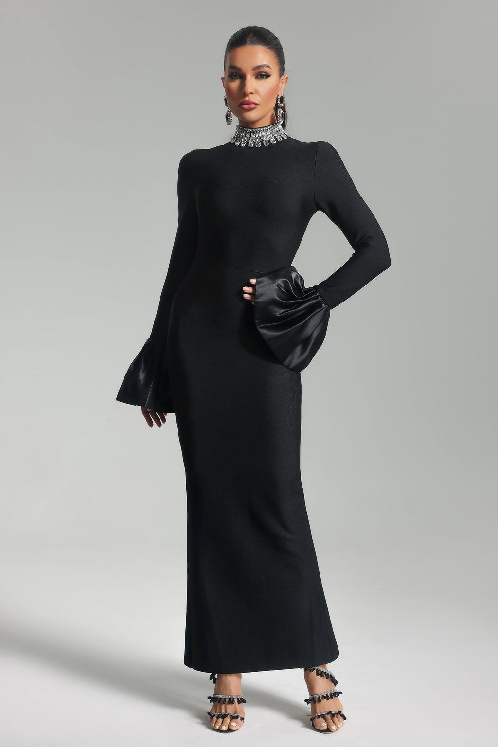 Giulietta Black Bell Sleeve Diamante Detail Maxi Dress