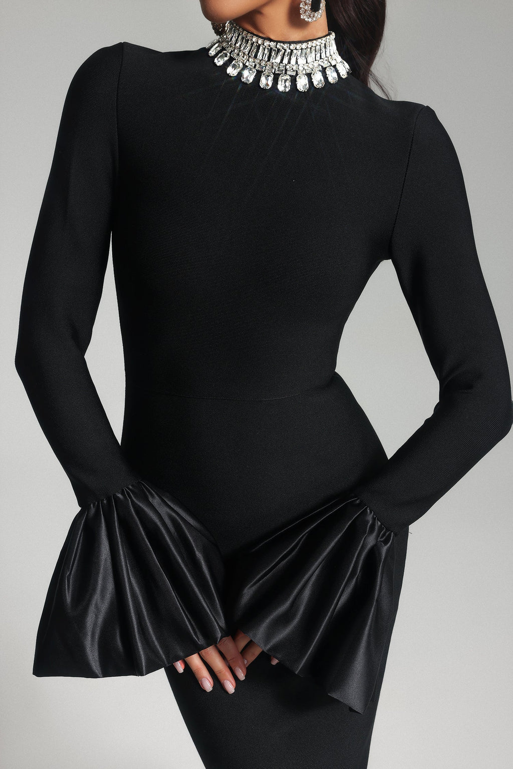 Giulietta Black Diamante High Neck Bell Sleeve Maxi Dress