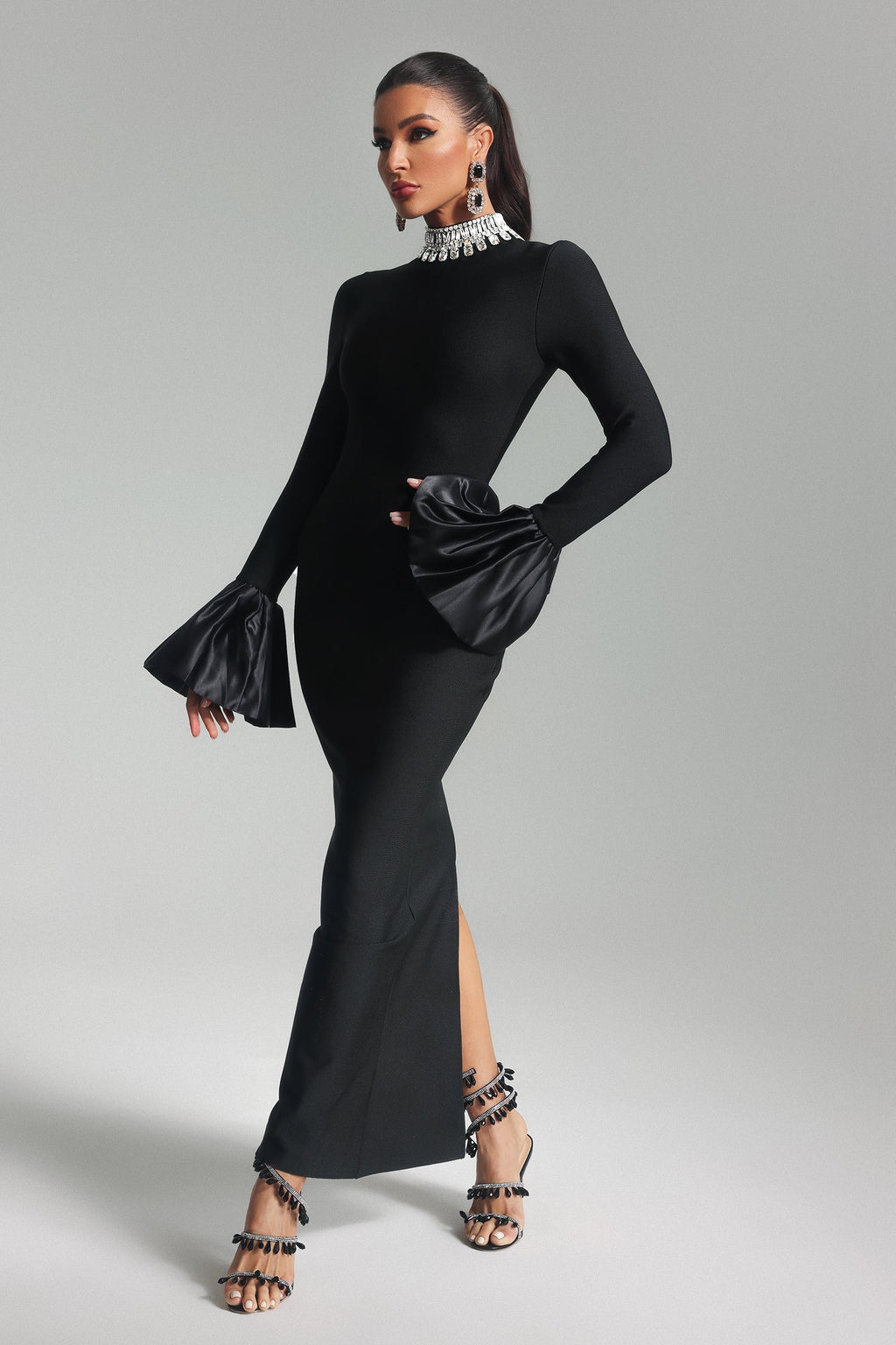 Giulietta Black High Neck Diamante Detail Bell Sleeve Maxi Dress