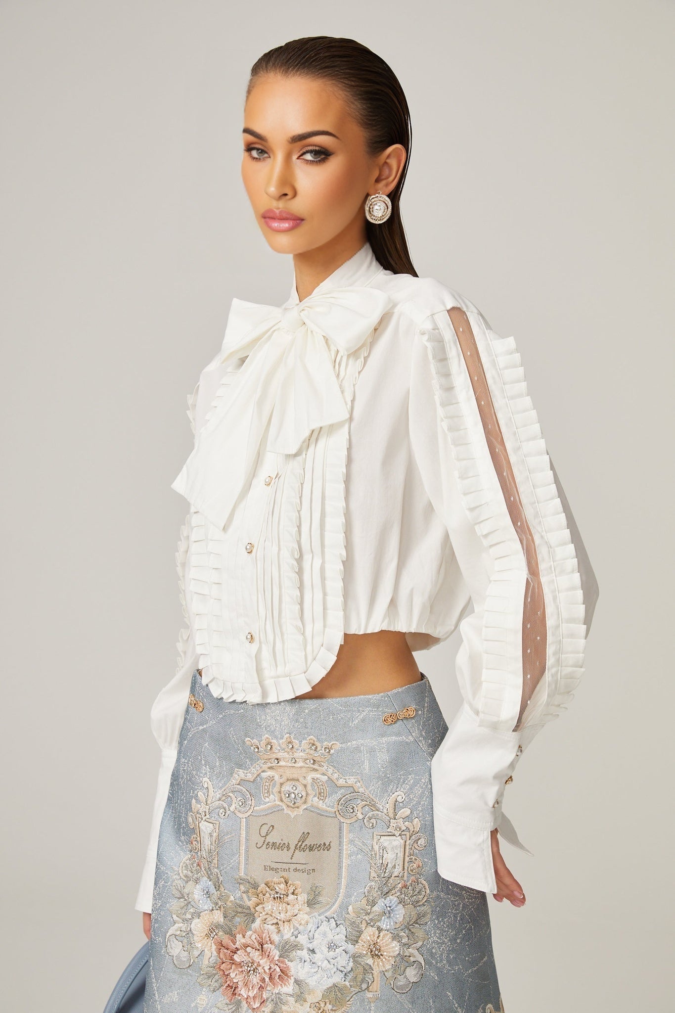 Giulietta Shirt - Scarf Collar - Long Sleeves - Pleated Design - Button Fastening