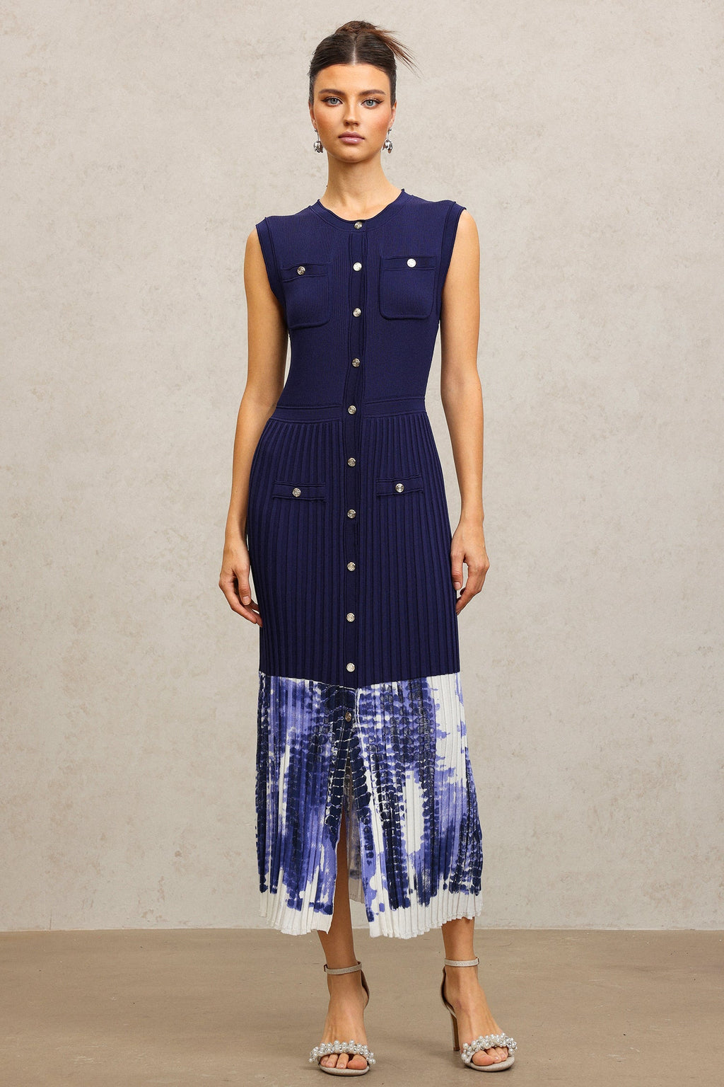 Giuseppina Blue Ribbed Bodice Pleated Skirt Dress with Button Embellishments and Pockets
