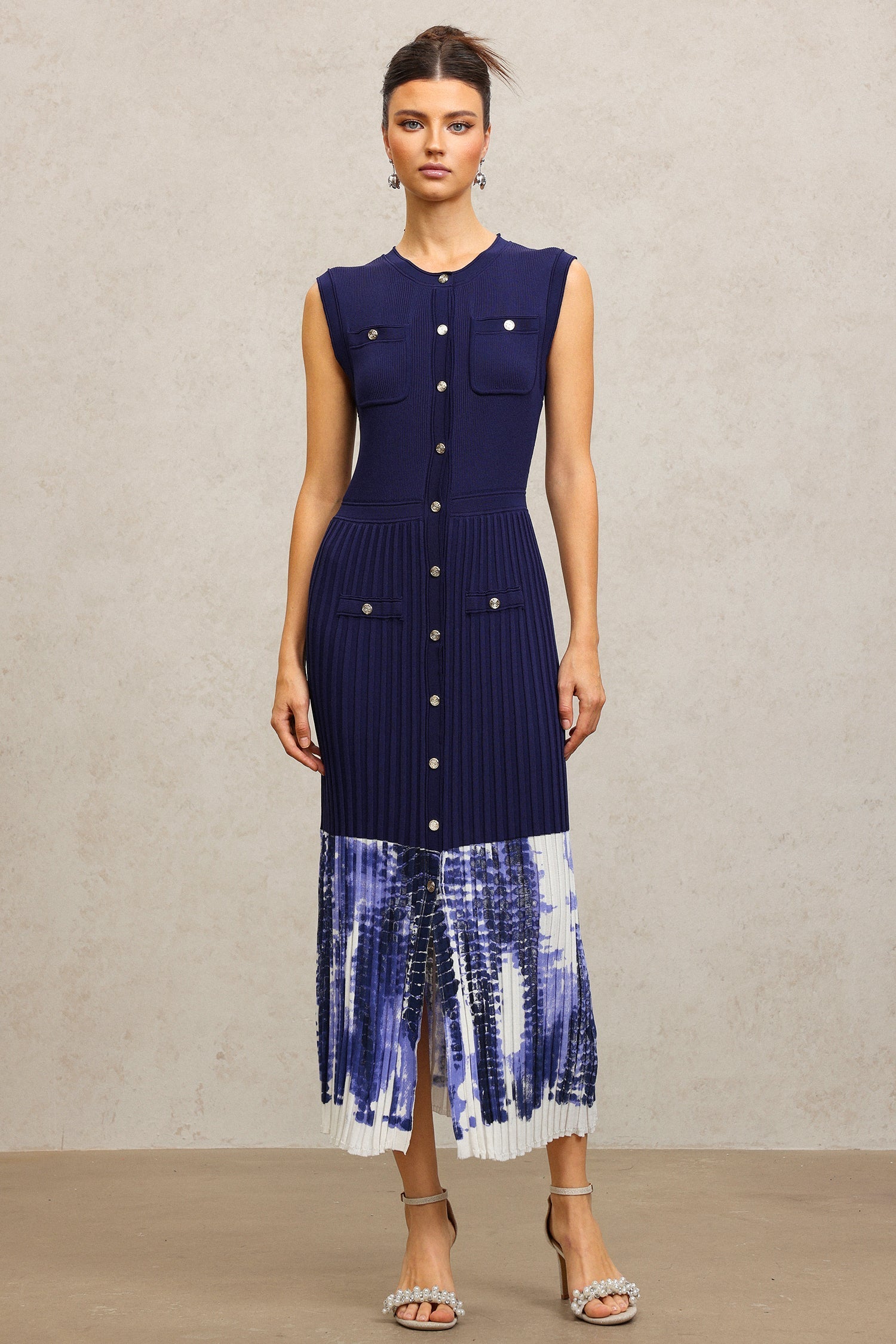 Giuseppina Blue Ribbed Bodice Pleated Skirt Dress with Button Embellishments and Pockets