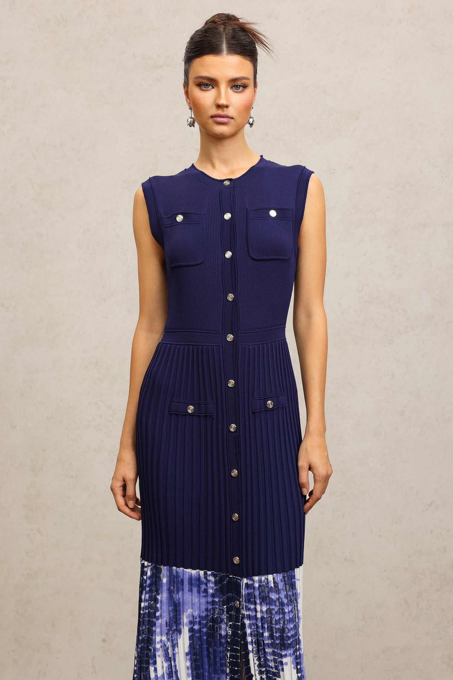 Giuseppina Blue Ribbed Bodice Pleated Skirt Dress with Pockets and Button Embellishments