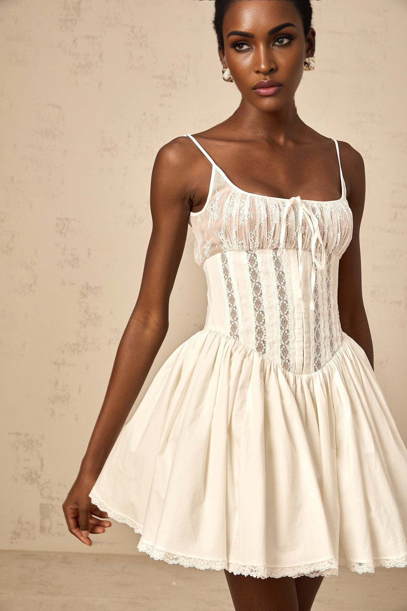 Giuseppina Mini Dress - Spaghetti Straps - Square Neck - Corset Style - Lace & Pleated Detailing - Flared Skirt
