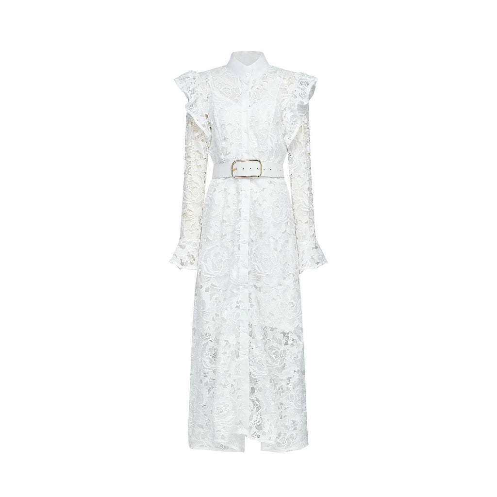 Gloria Floral Midi Dress - Long Sleeves - Chic Cutout Design - Belted Waist - Front Button Fastening