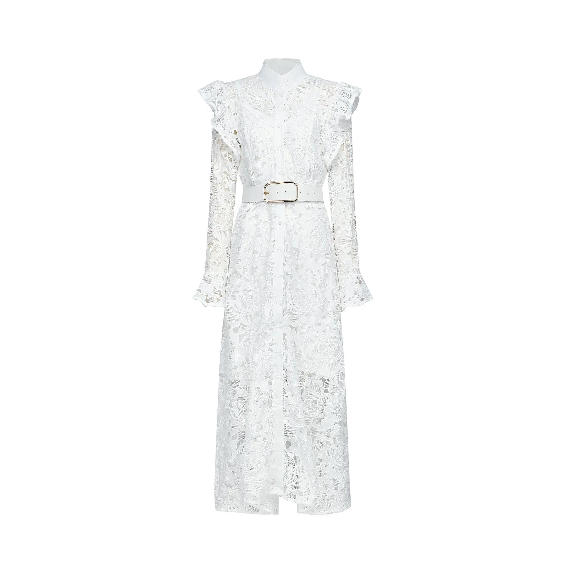 Gloria Floral Midi Dress - Long Sleeves - Chic Cutout Design - Belted Waist - Front Button Fastening