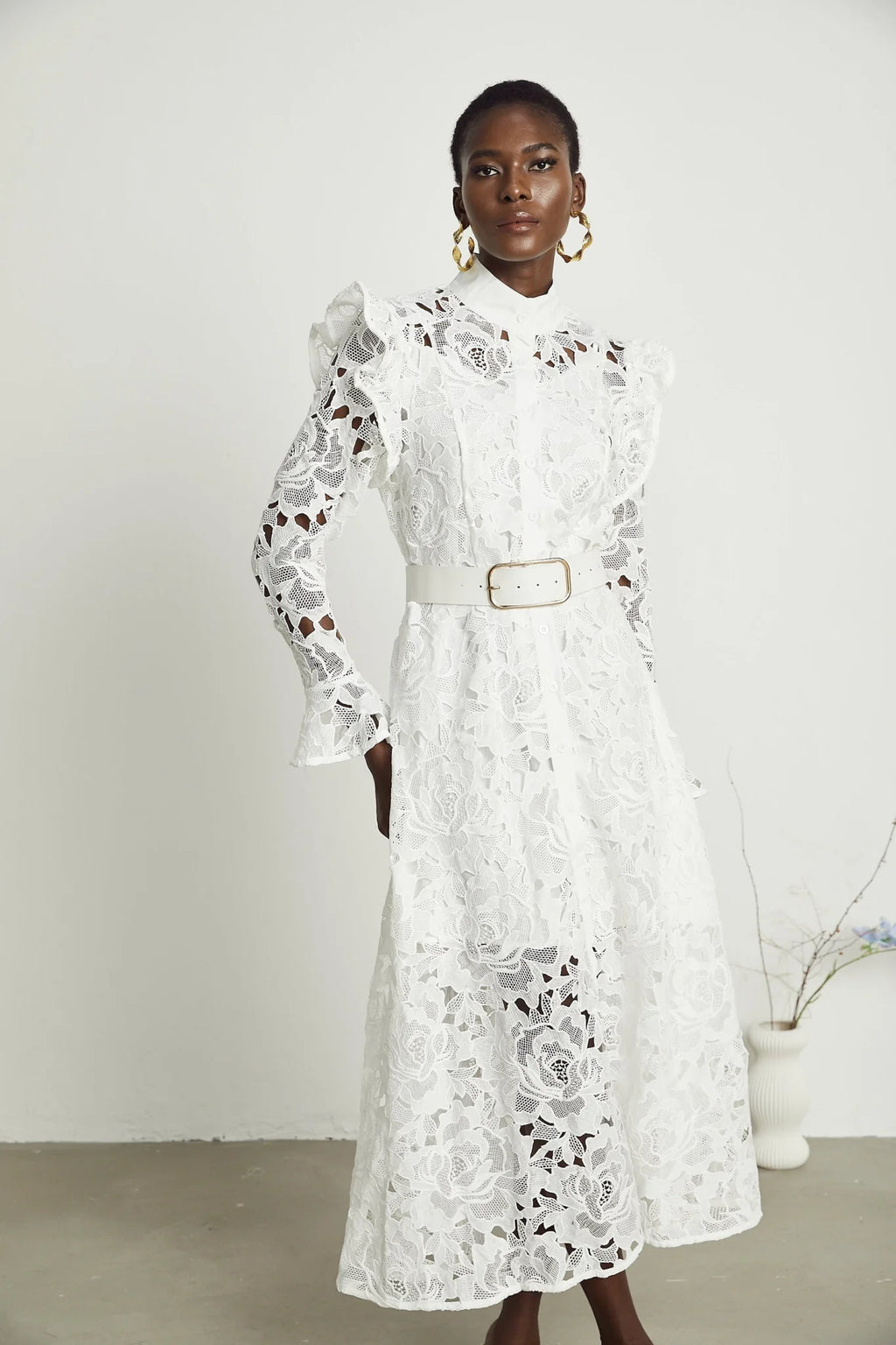 Gloria Floral Midi Dress - Long Sleeves - Chic Cutout Design - Belted Waist - Front Button Fastening