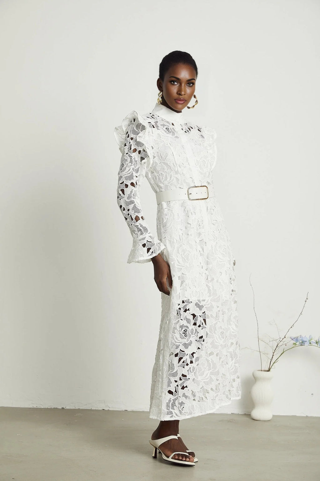 Gloria Floral Midi Dress - Long Sleeves - Chic Cutout Design - Belted Waist - Front Button Fastening