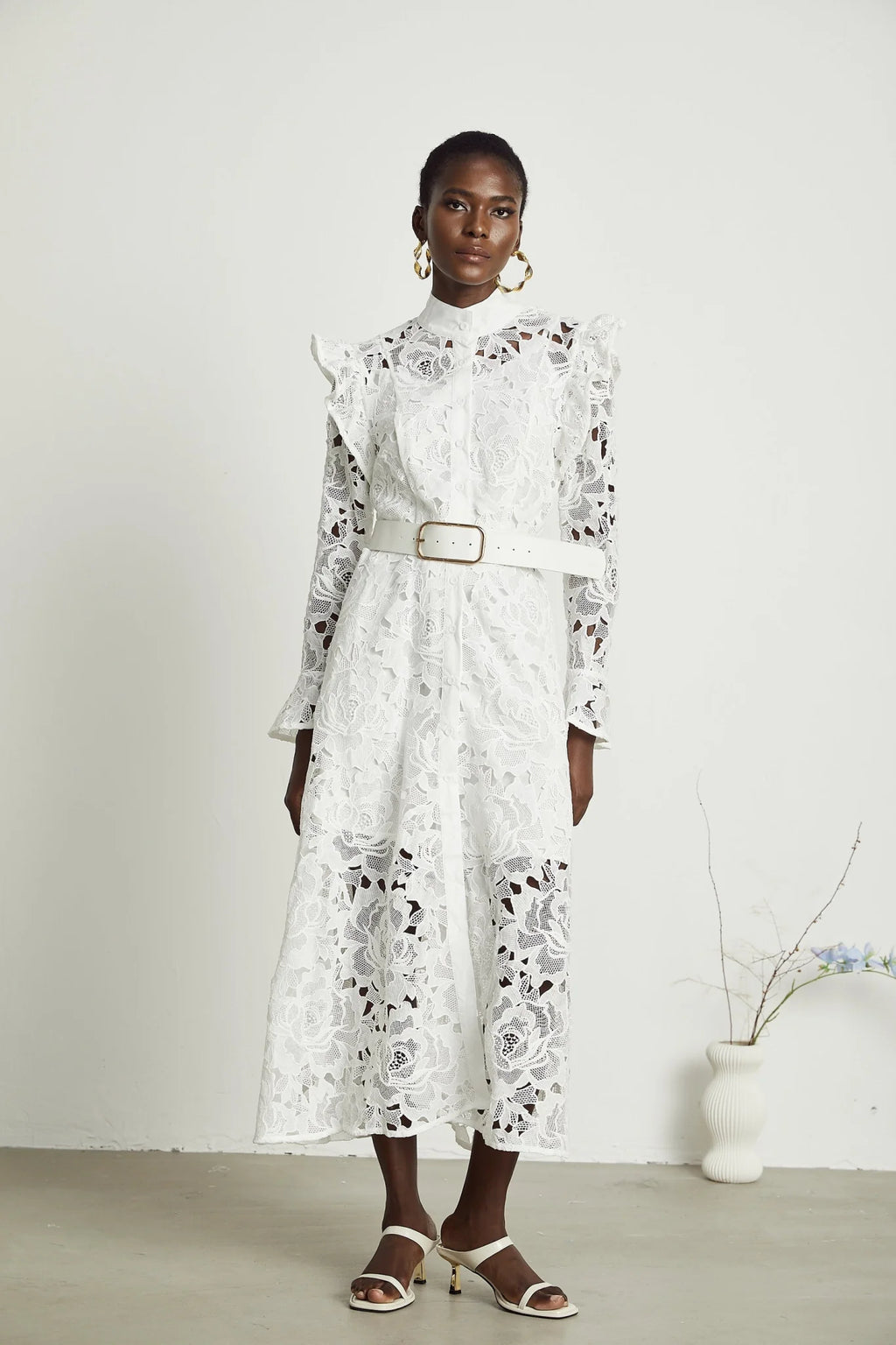 Gloria Floral Midi Dress - Long Sleeves - Chic Cutout Design - Belted Waist - Front Button Fastening