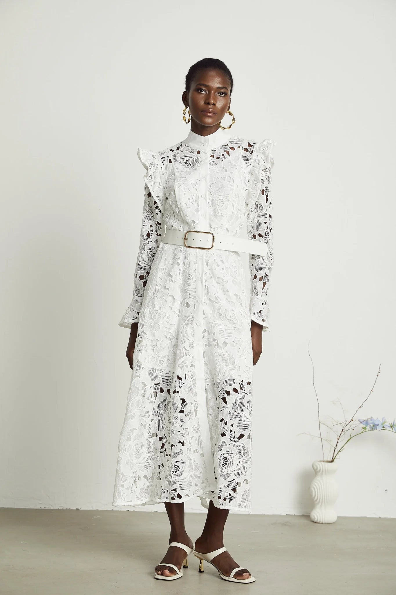 Gloria Floral Midi Dress - Long Sleeves - Chic Cutout Design - Belted Waist - Front Button Fastening