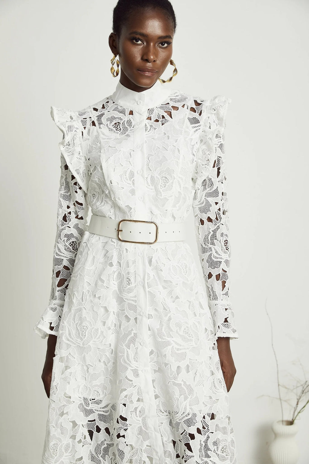Gloria Floral Midi Dress - Long Sleeves - Chic Cutout Design - Belted Waist - Front Button Fastening
