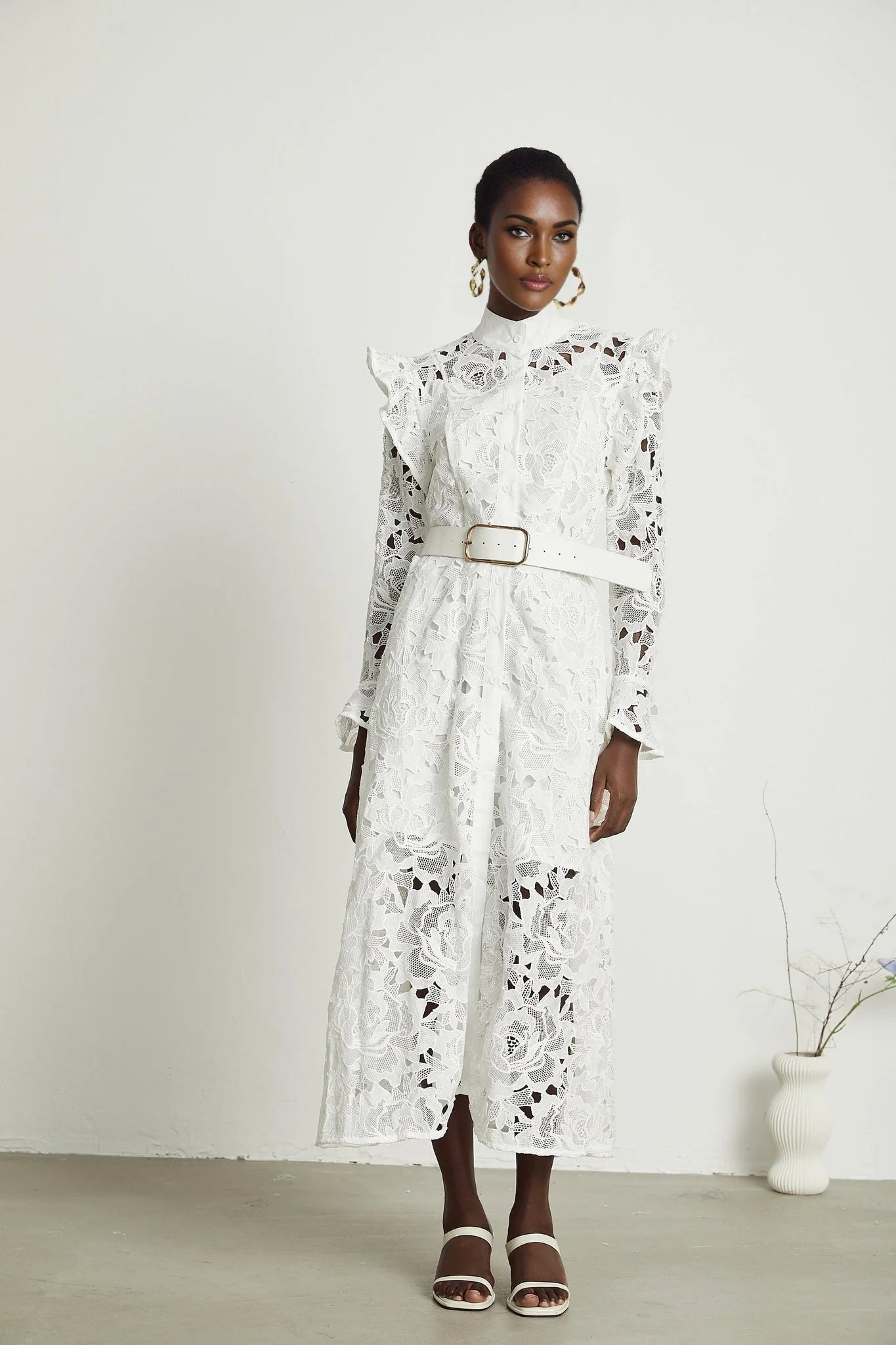 Gloria Floral Midi Dress - Long Sleeves - Chic Cutout Design - Belted Waist - Front Button Fastening