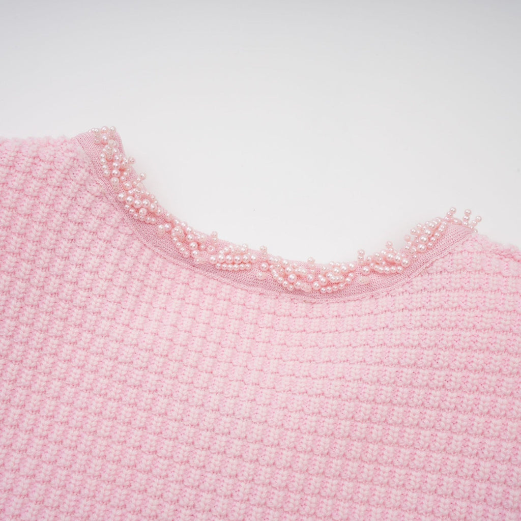 Gloria Mini Dress - Knitted Crew Neck Bead Embellishment Patch Pockets