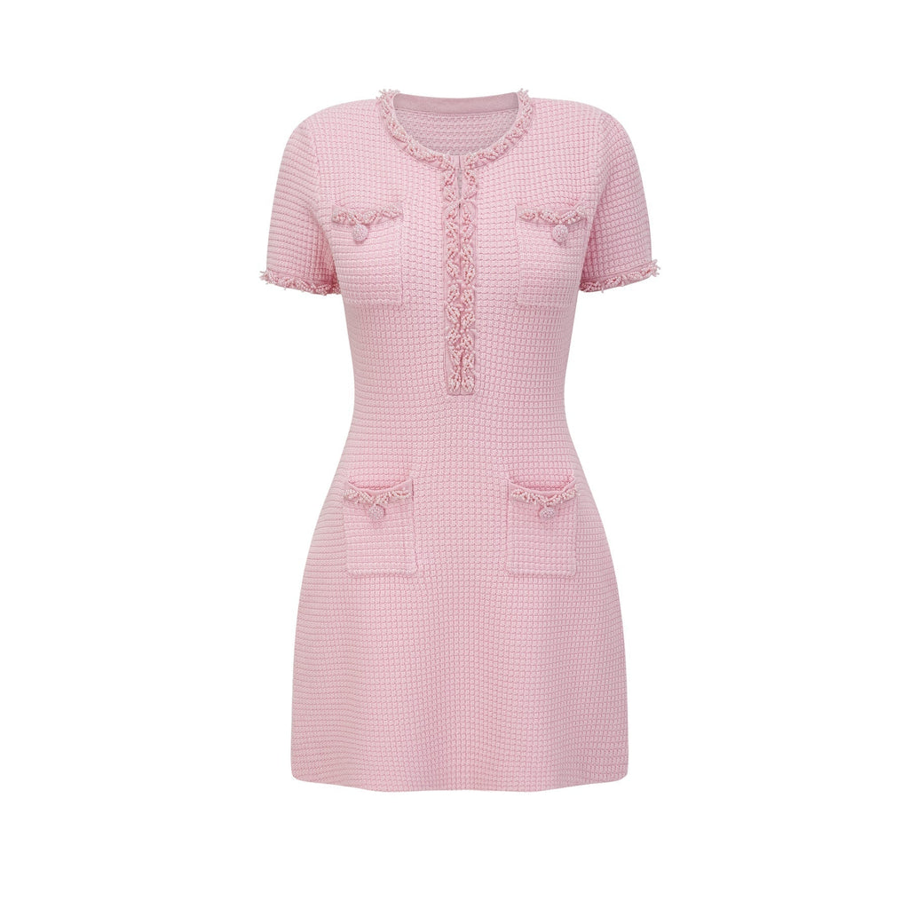 Gloria Mini Dress - Knitted Crew Neck Bead Embellishment Patch Pockets