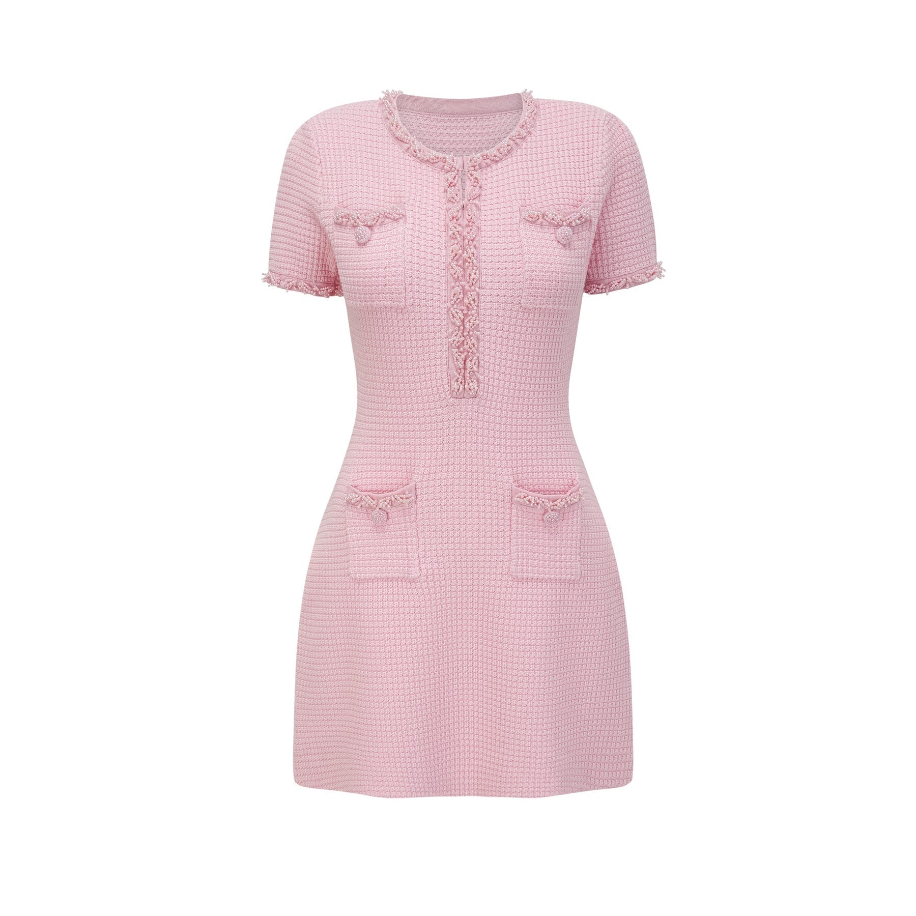 Gloria Mini Dress - Knitted Crew Neck Bead Embellishment Patch Pockets