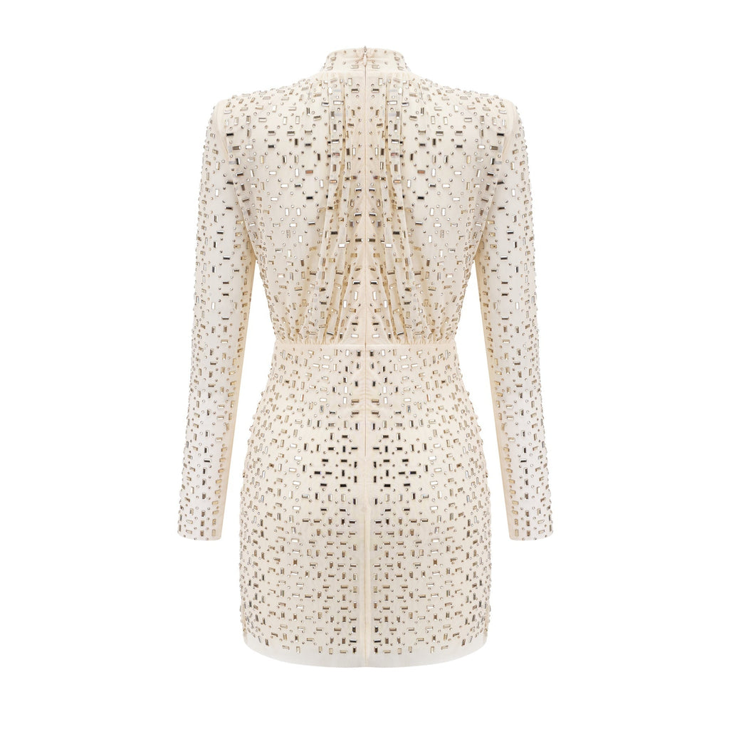 Gloria Mini Dress - Long Sleeves - Crystal Embellishment - Draped Design - Rear Zip Fastening