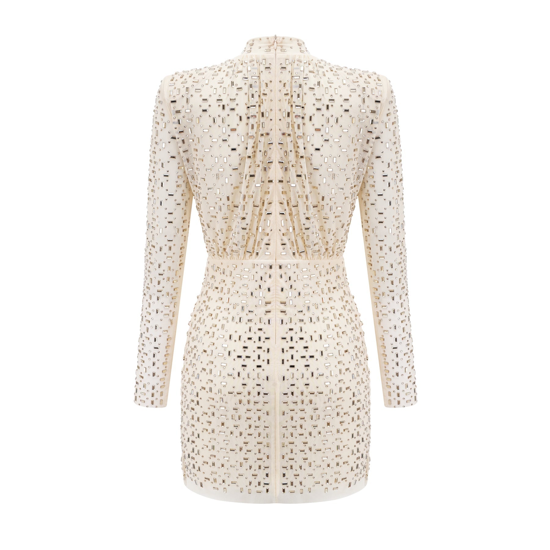 Gloria Mini Dress - Long Sleeves - Crystal Embellishment - Draped Design - Rear Zip Fastening