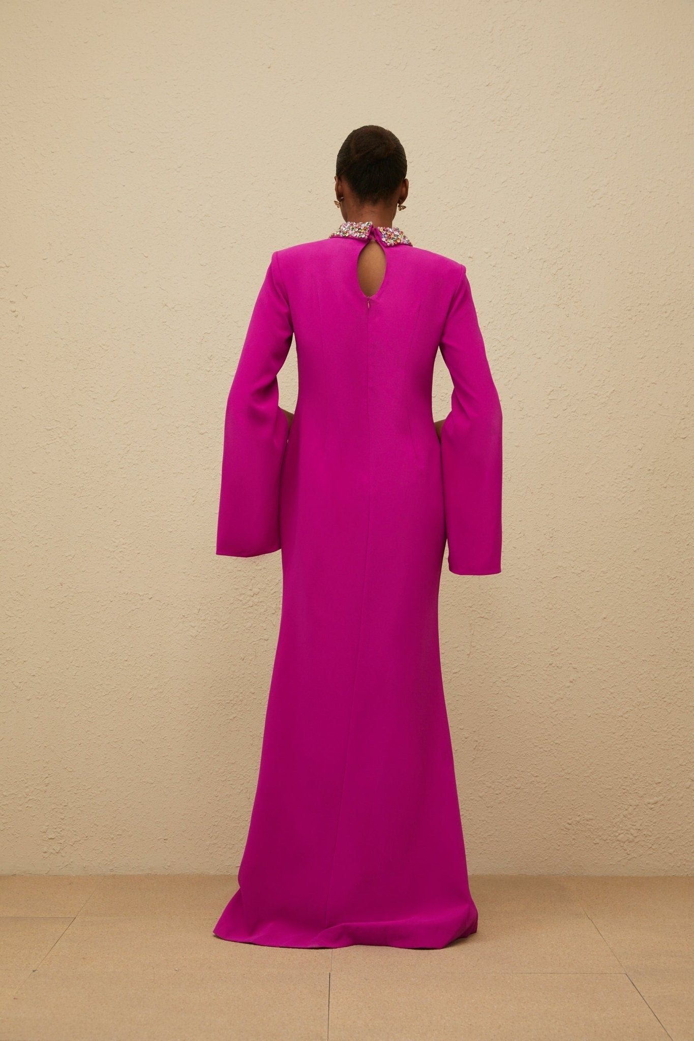 Gown - Mock Neck - Split Sleeves - Fitted Waistline - Bead & Crystal Embellishment - Mermaid Hem