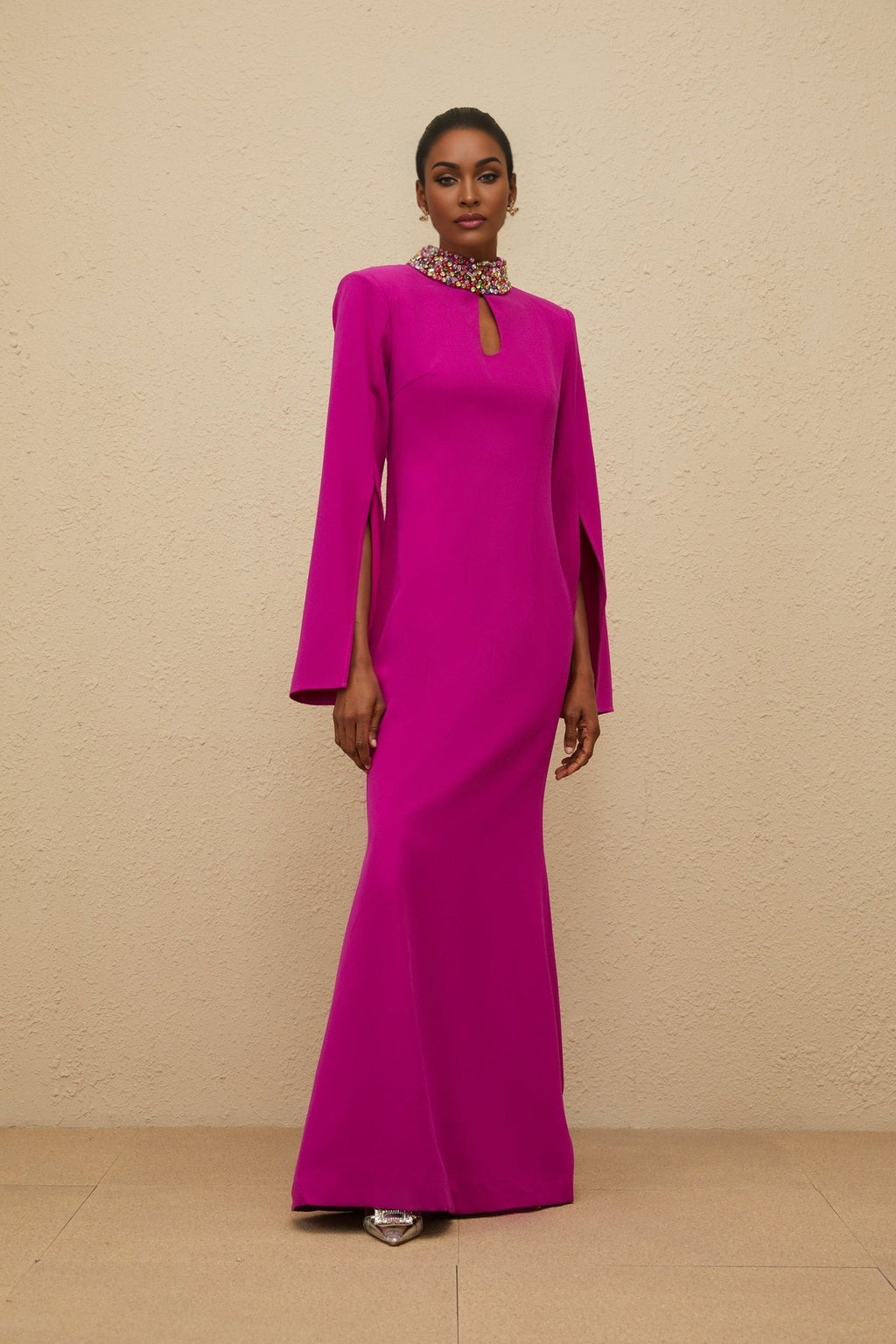 Gown - Mock Neck - Split Sleeves - Fitted Waistline - Bead & Crystal Embellishment - Mermaid Hem