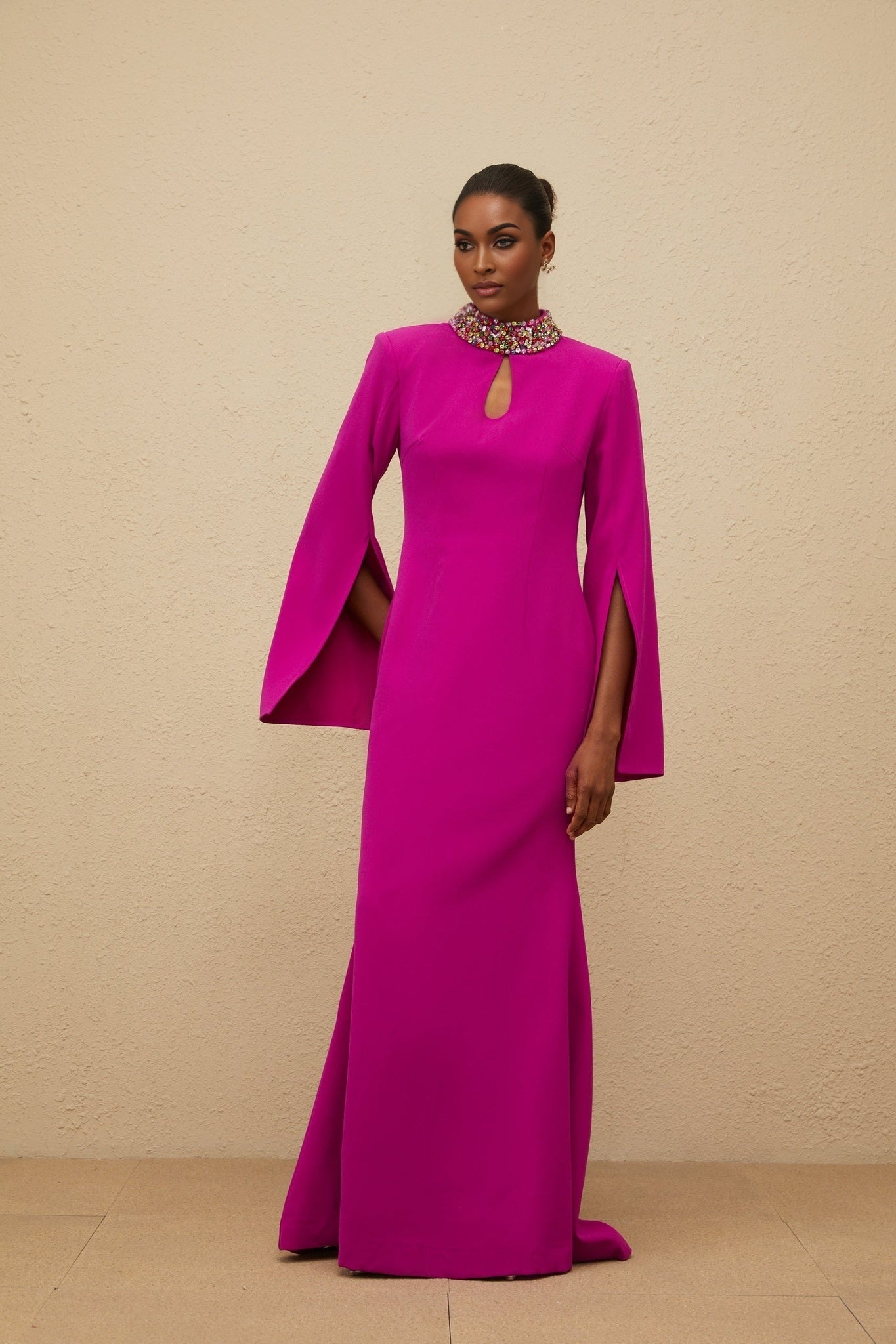 Gown - Mock Neck - Split Sleeves - Fitted Waistline - Bead & Crystal Embellishment - Mermaid Hem