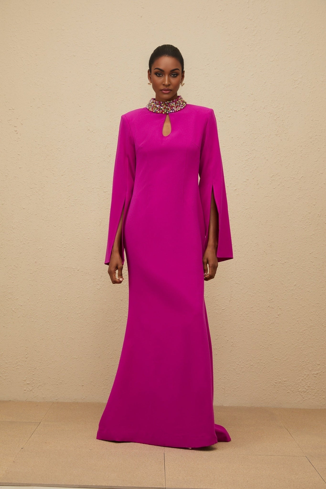 Gown - Mock Neck - Split Sleeves - Fitted Waistline - Bead & Crystal Embellishment - Mermaid Hem