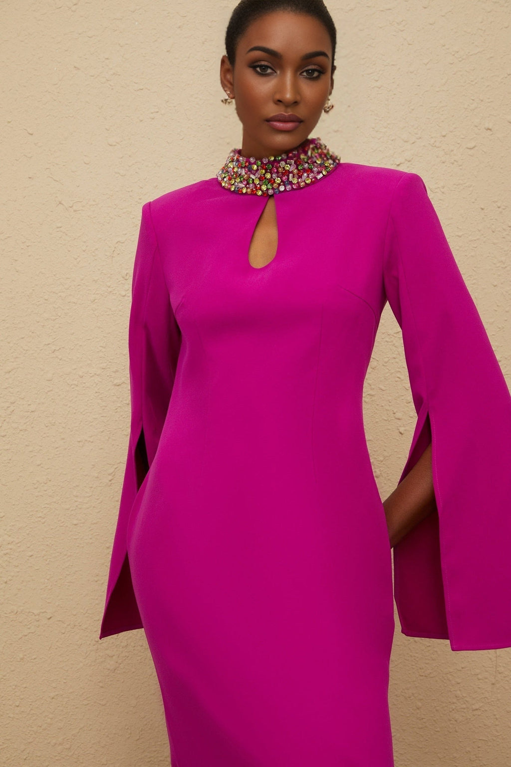 Gown - Mock Neck - Split Sleeves - Fitted Waistline - Bead & Crystal Embellishment - Mermaid Hem