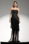 Grace Black Maxi Dress with Diamond Pattern and Ruffle Detailing